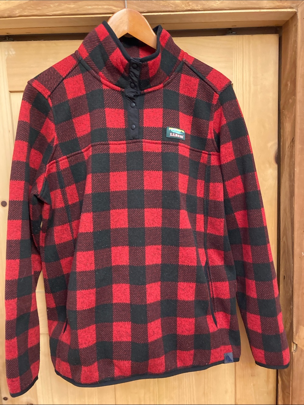 L.L. Bean Red and Black Buffalo Plaid Fleece Snap Pullover
